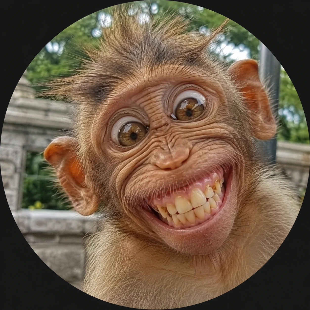 Funny monkey PFP with chaotic grin and slightly wild eyes