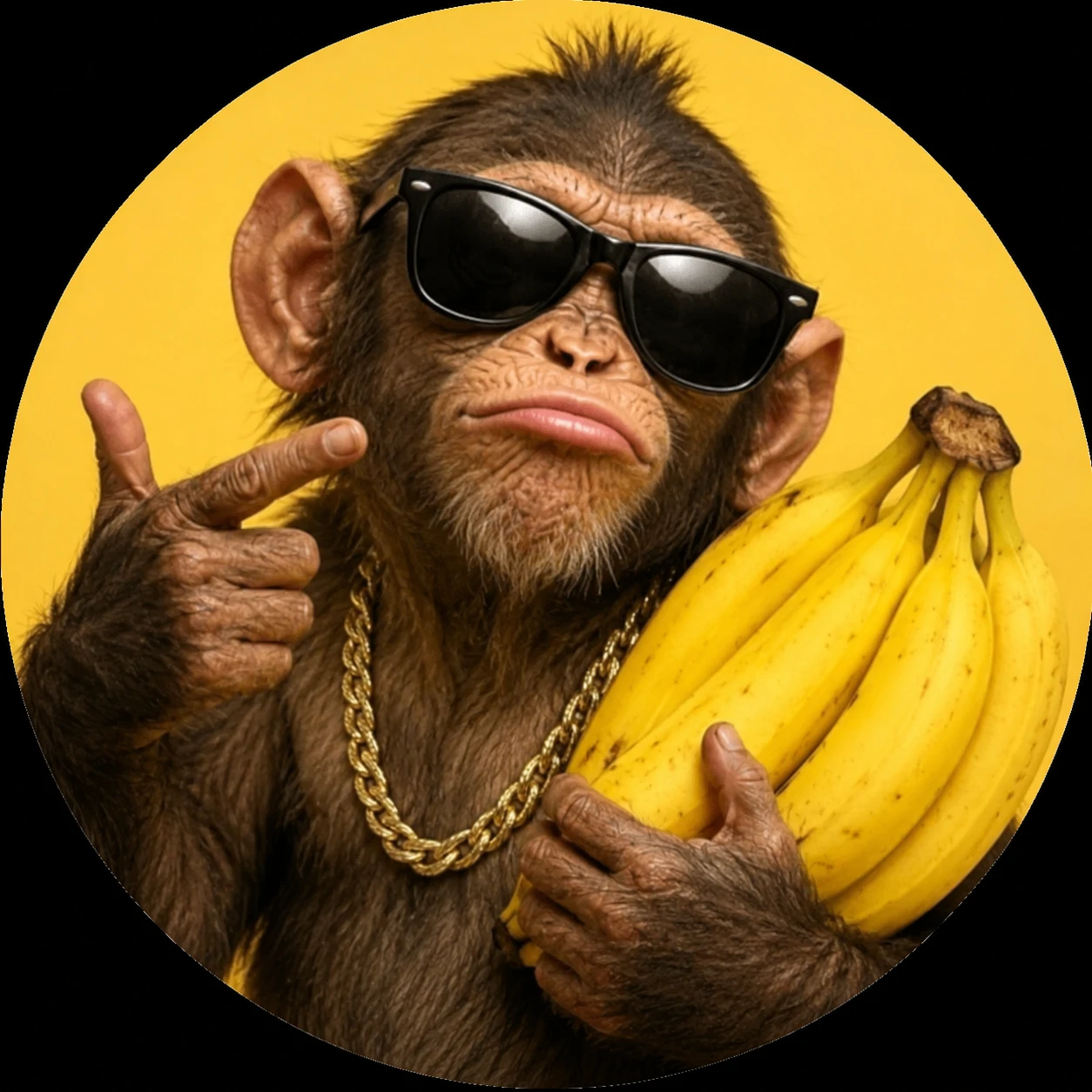 Funny monkey PFP in sunglasses holding bananas like a joke pose