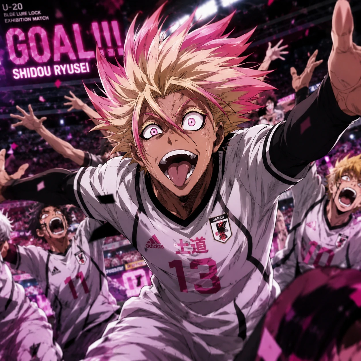 Funny Shidou PFP mid-celebration chaos with wild hair and arms
