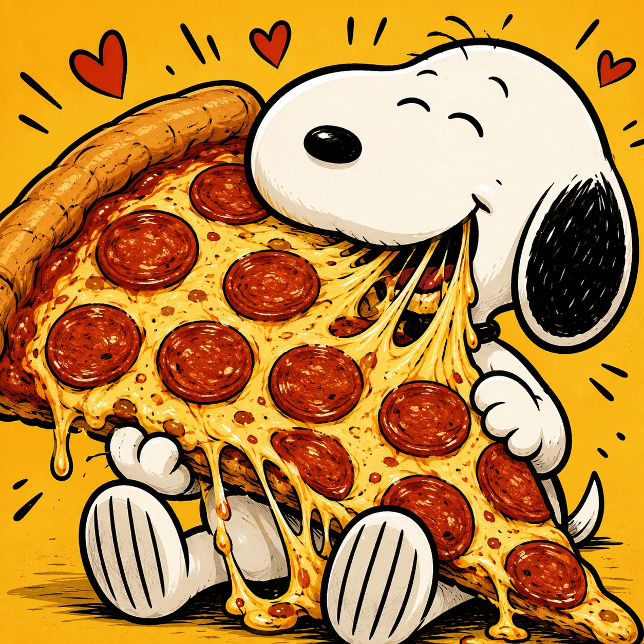 Funny Snoopy PFP happily devouring a giant slice of pepperoni pizza