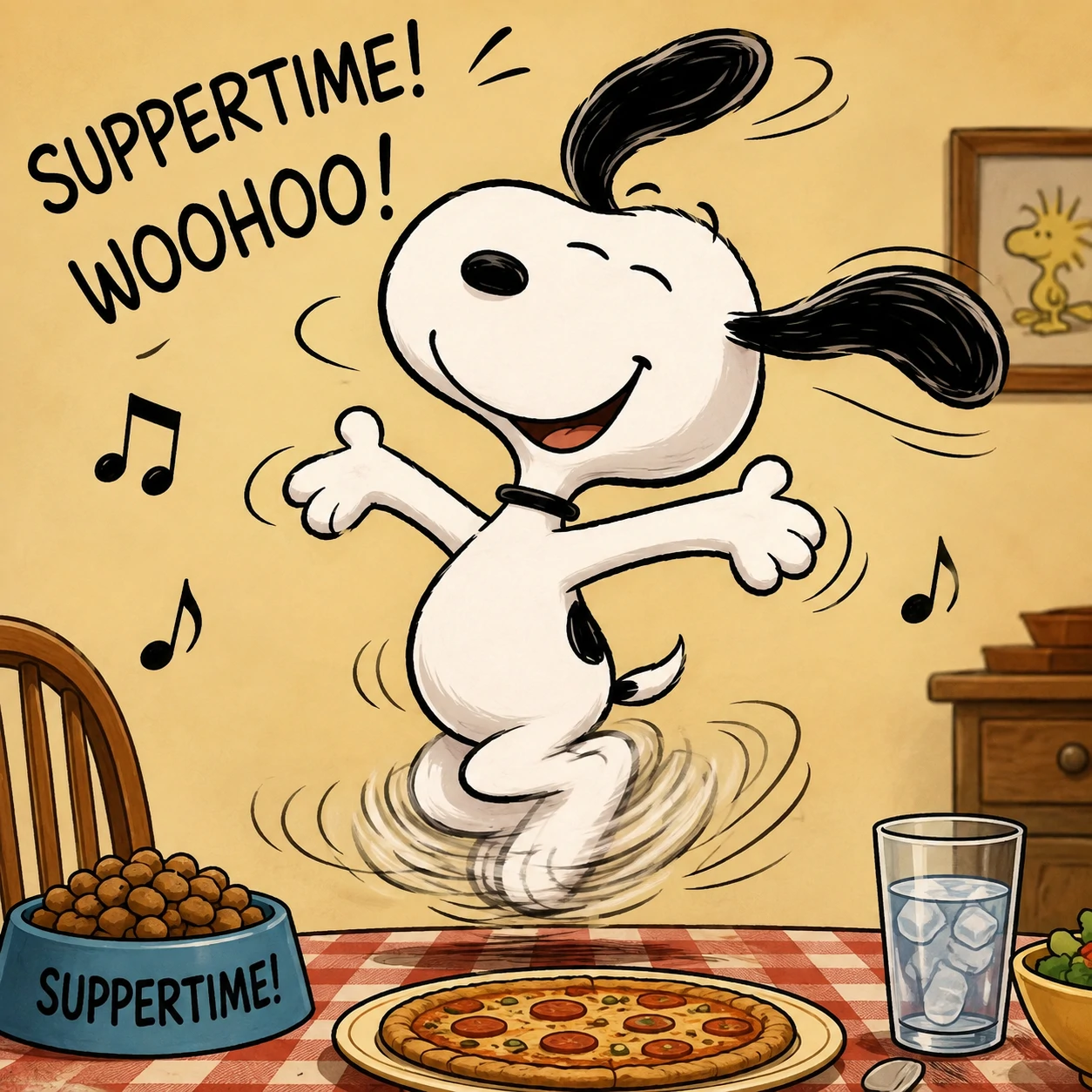 Funny Snoopy PFP doing his famous happy suppertime dance with ears flying