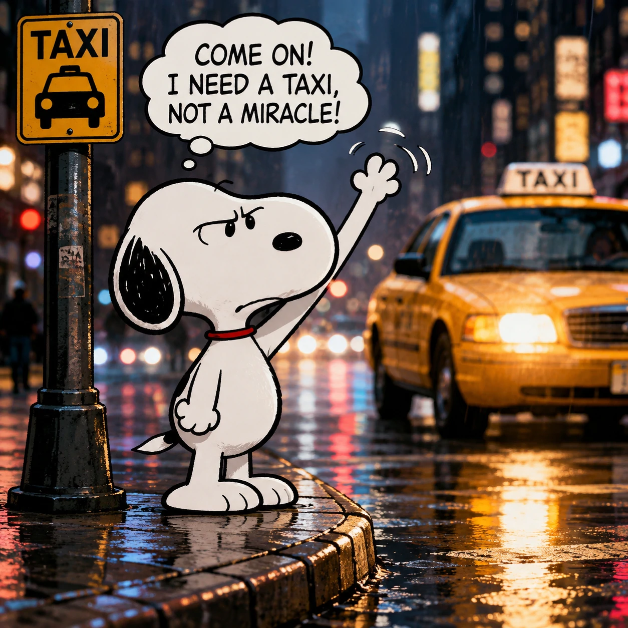 Funny Snoopy profile picture waiting impatiently and signaling for a taxi
