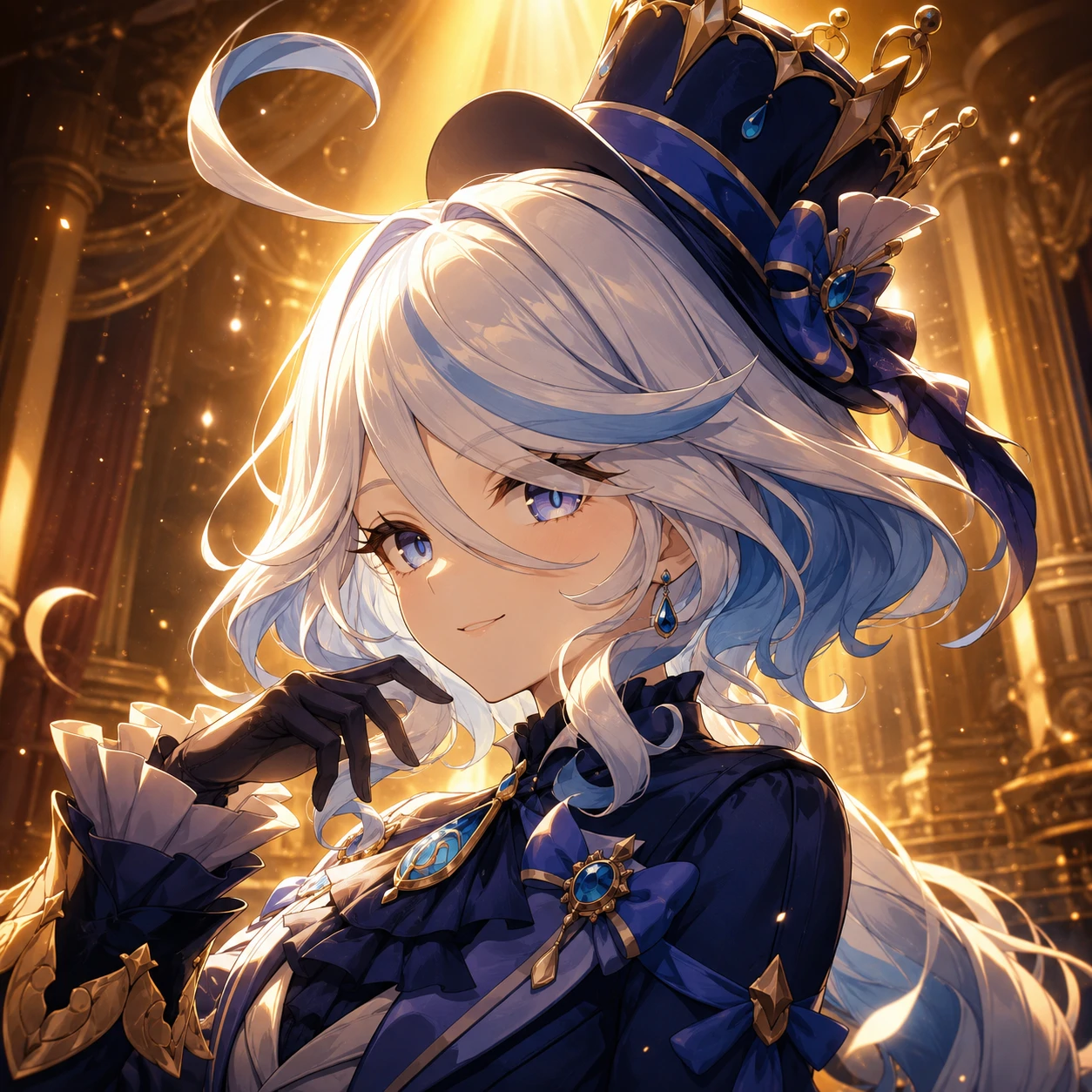 4K Furina profile picture under warm golden stage lighting