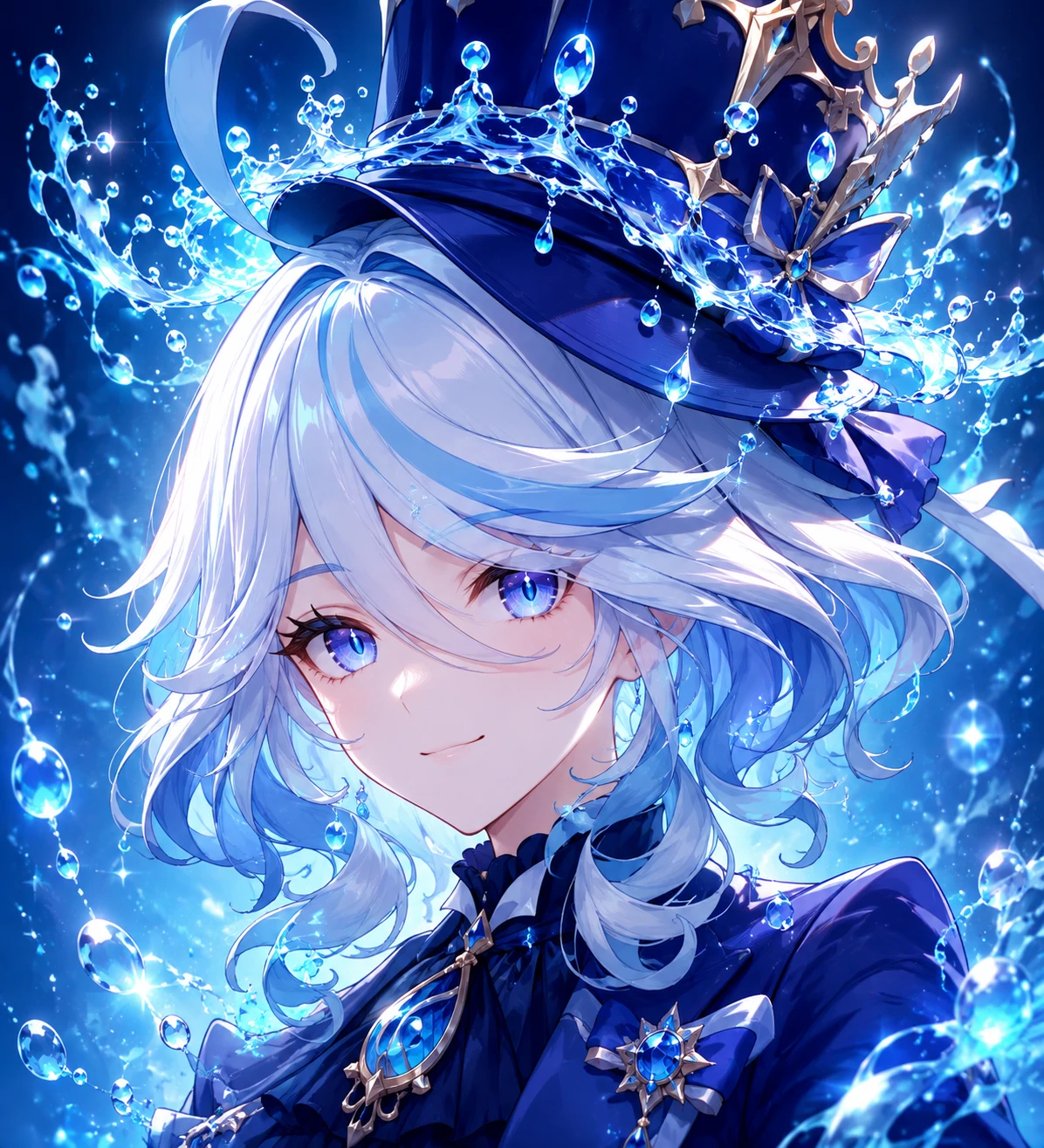 4K Furina portrait crowned with delicate water-droplet accents