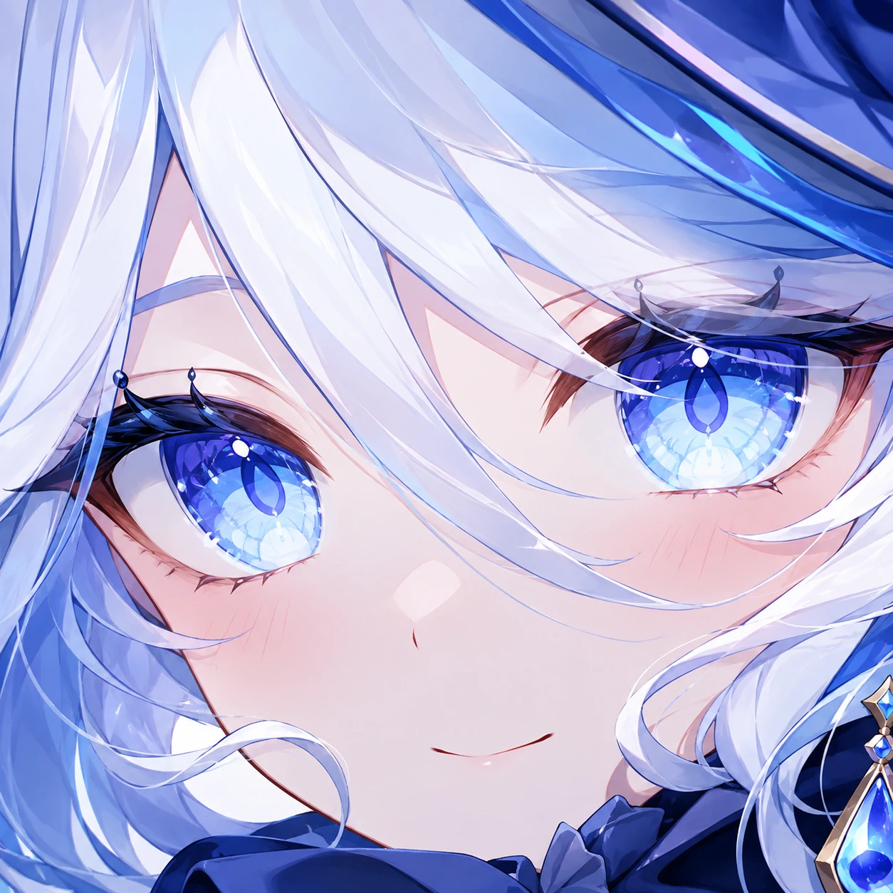 Anime girl Furina close-up icon with glossy multi-layered eye highlights