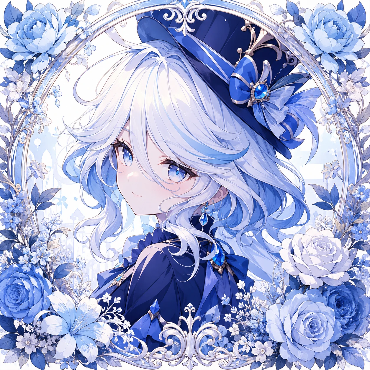 Anime girl Furina PFP framed with soft blue floral illustrations