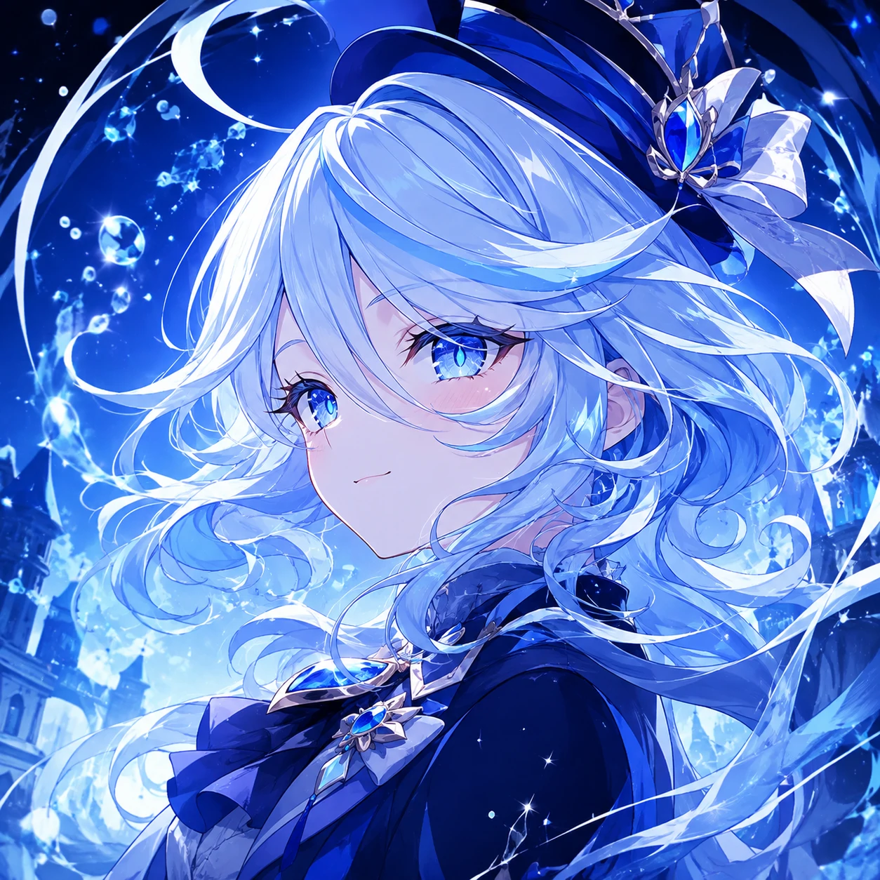 Anime Furina PFP with softly flowing blue hair strands