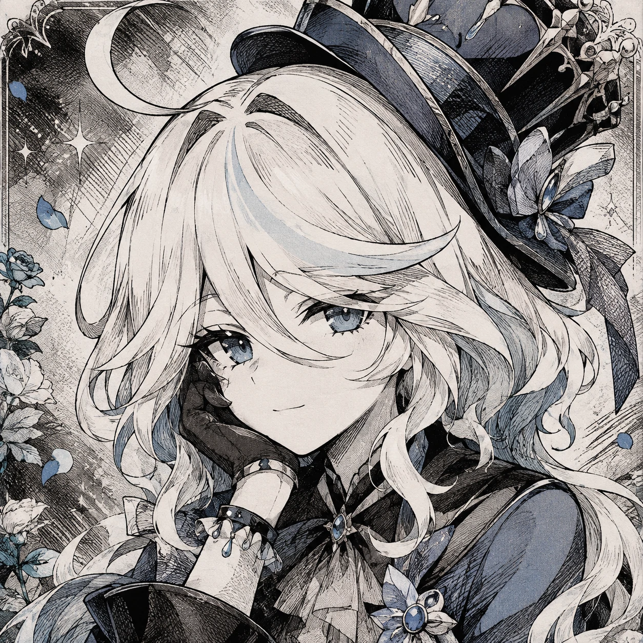 Anime Furina PFP with manga-style crosshatch shading and subtle colors