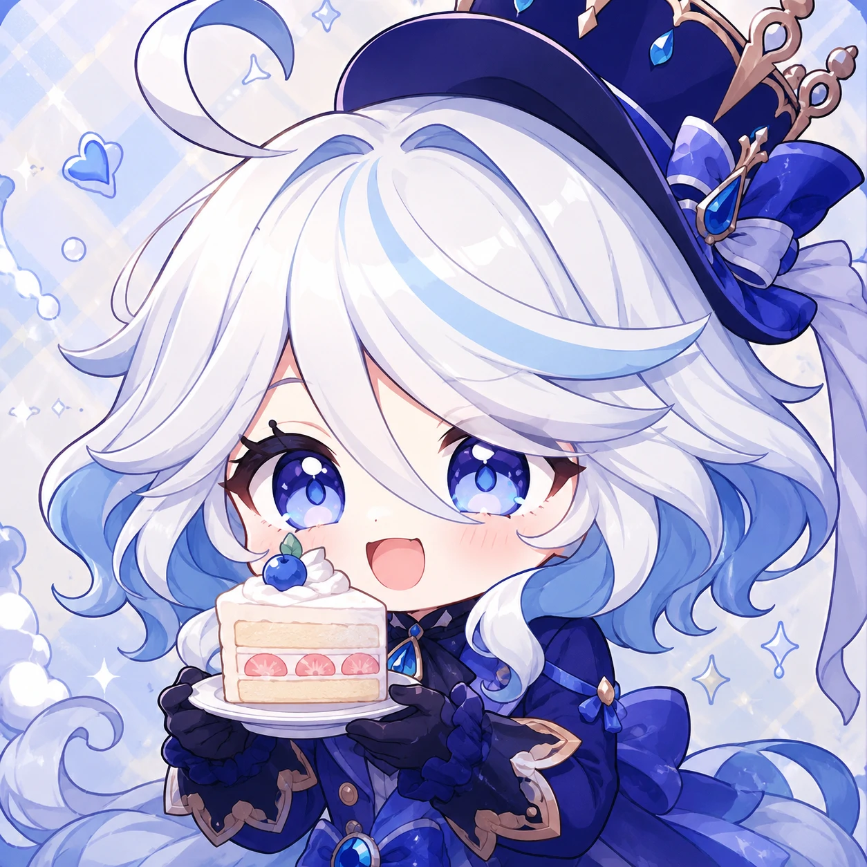 Chibi Furina PFP holding a tiny slice of cake with a delighted expression