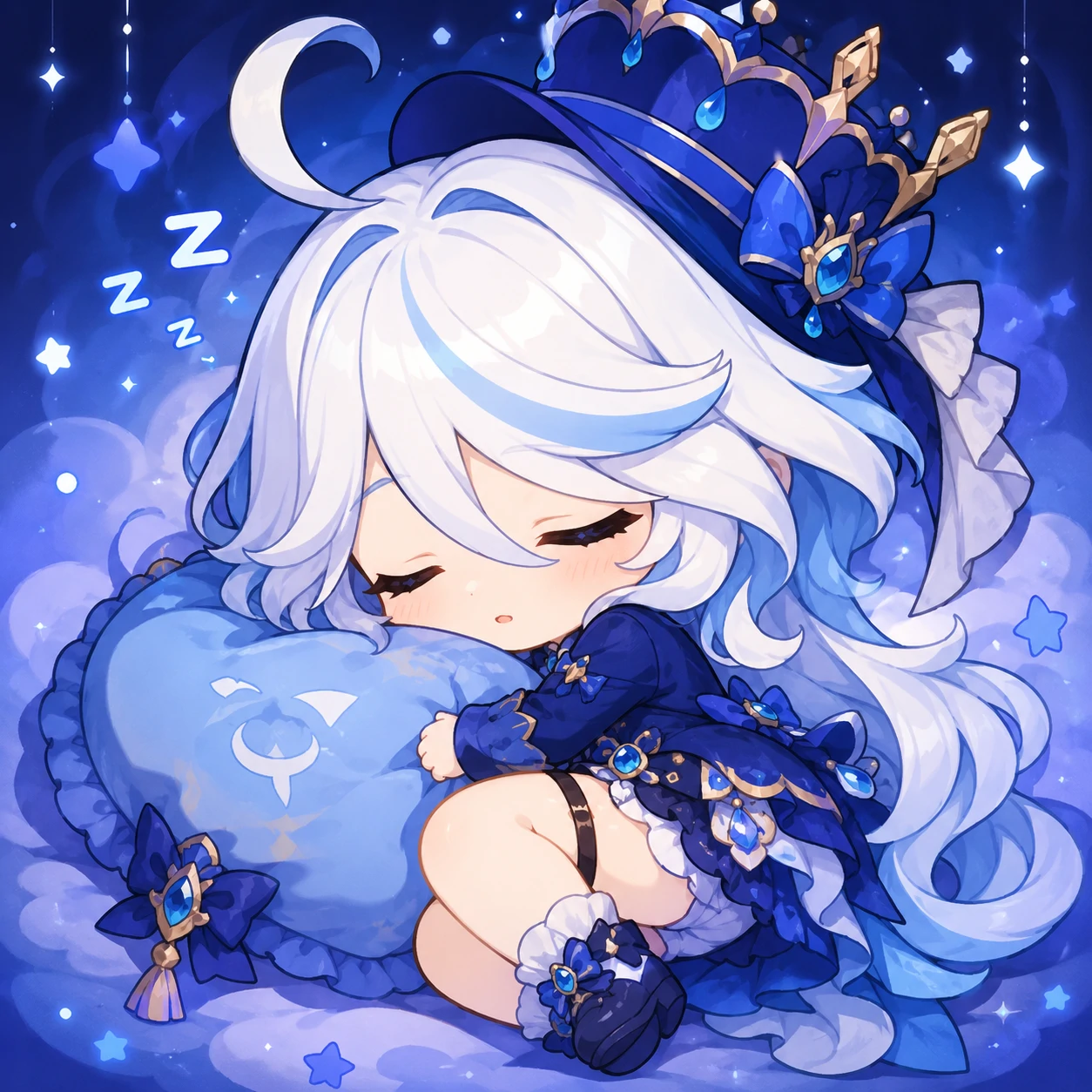 Sleepy chibi Furina PFP curled up with a small blue pillow