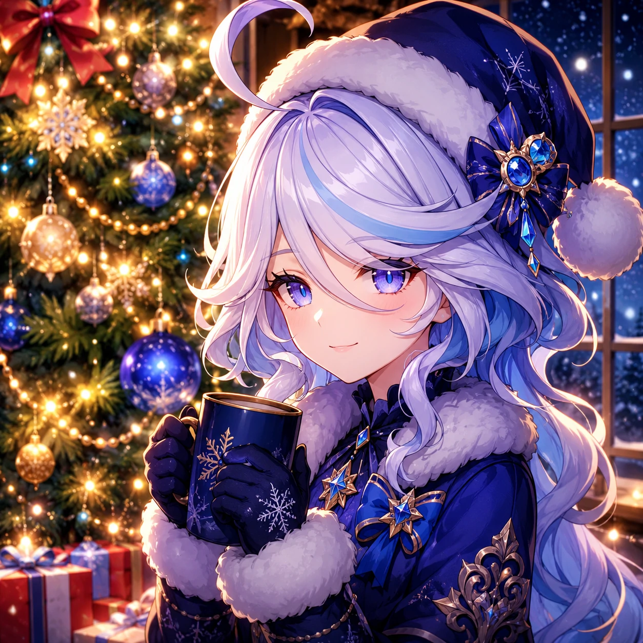 Christmas Furina icon standing next to a glowing decorated tree