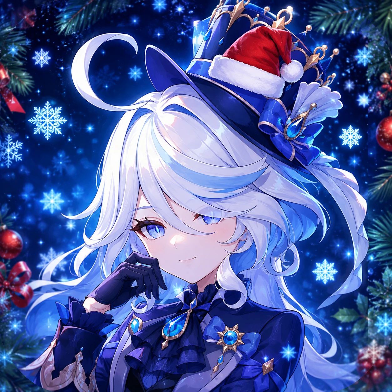 Christmas Furina PFP with a tiny red Santa hat over her signature blue top hat