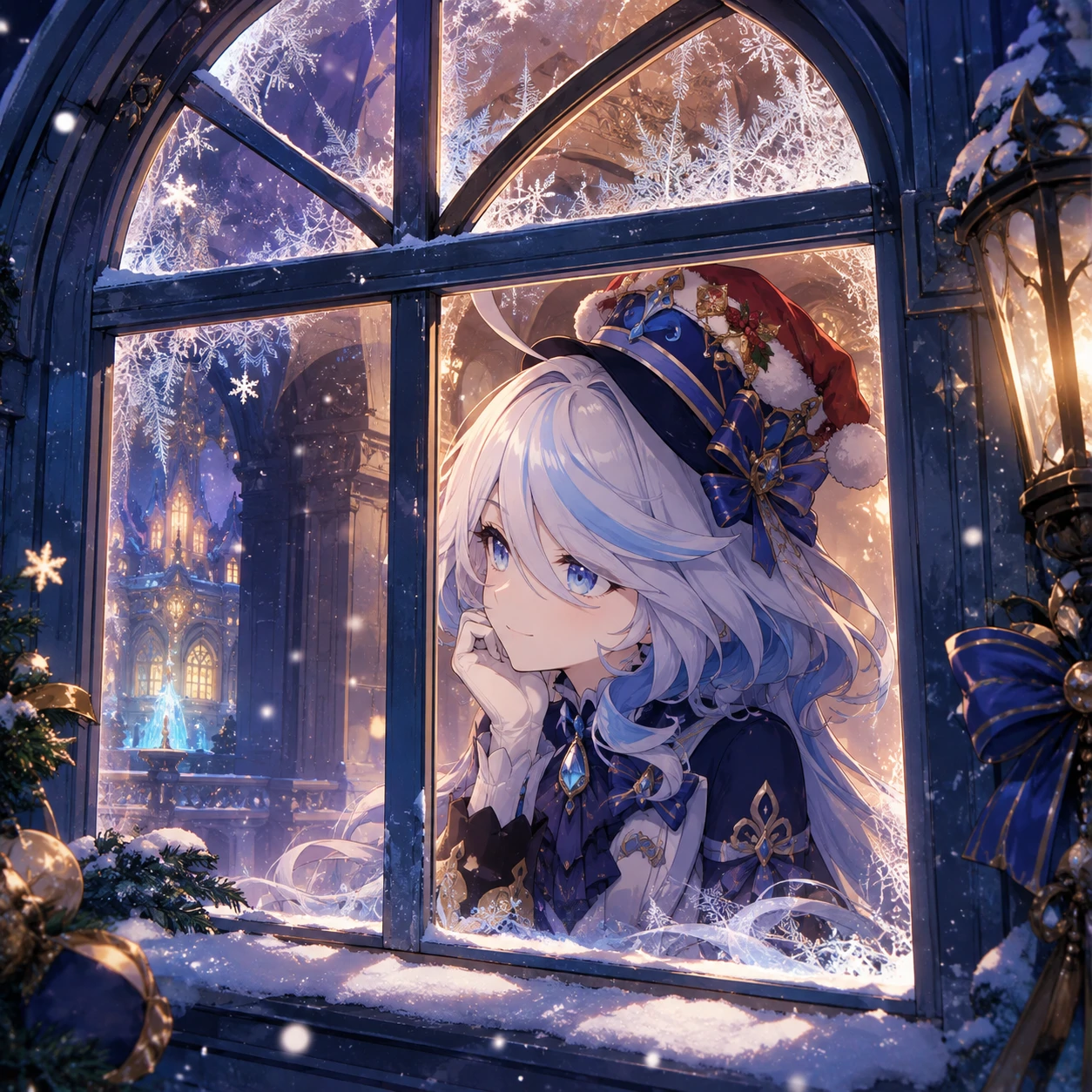 Christmas Furina PFP looking out a snow-frosted Fontaine window