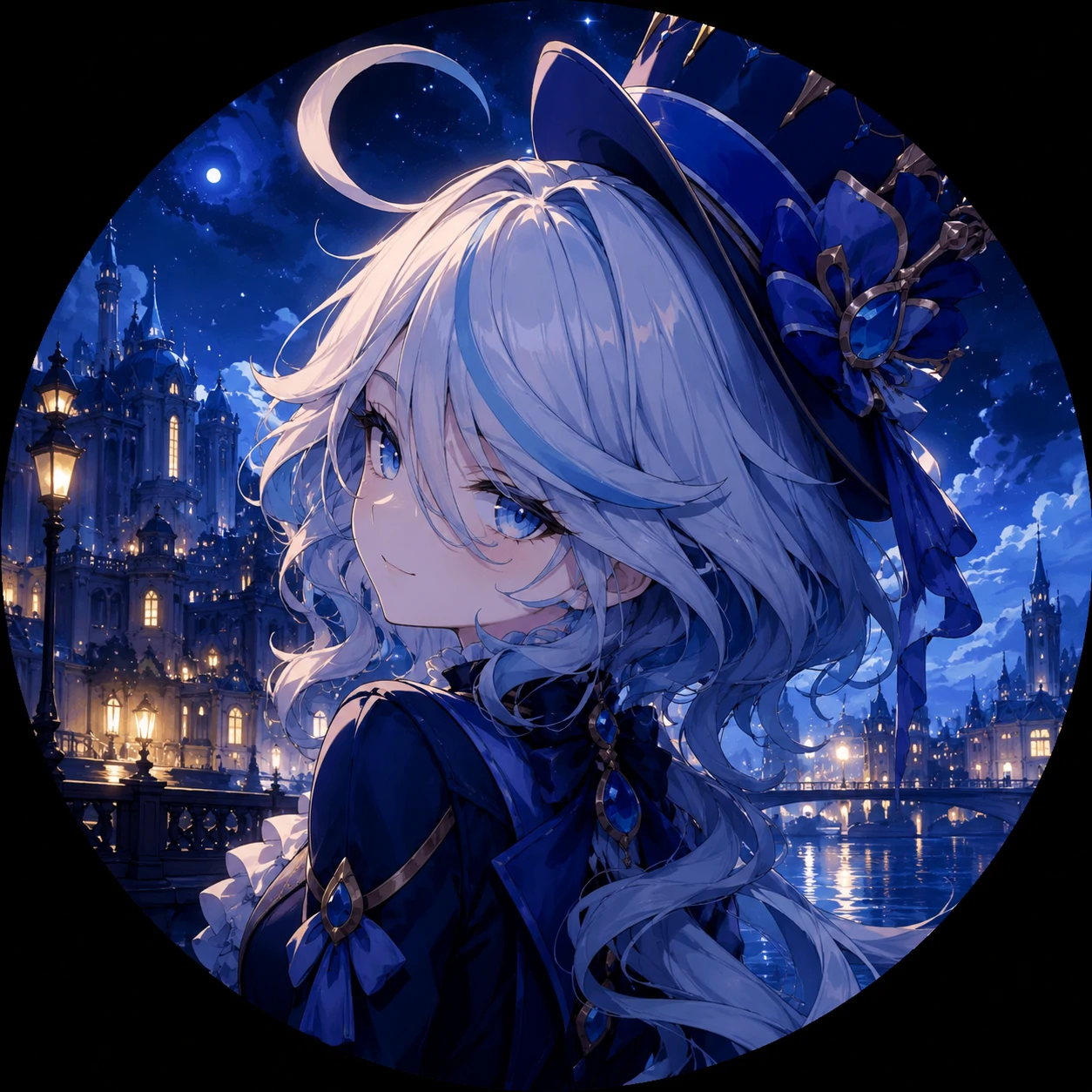 Furina fanart icon set against a nighttime Fontaine skyline