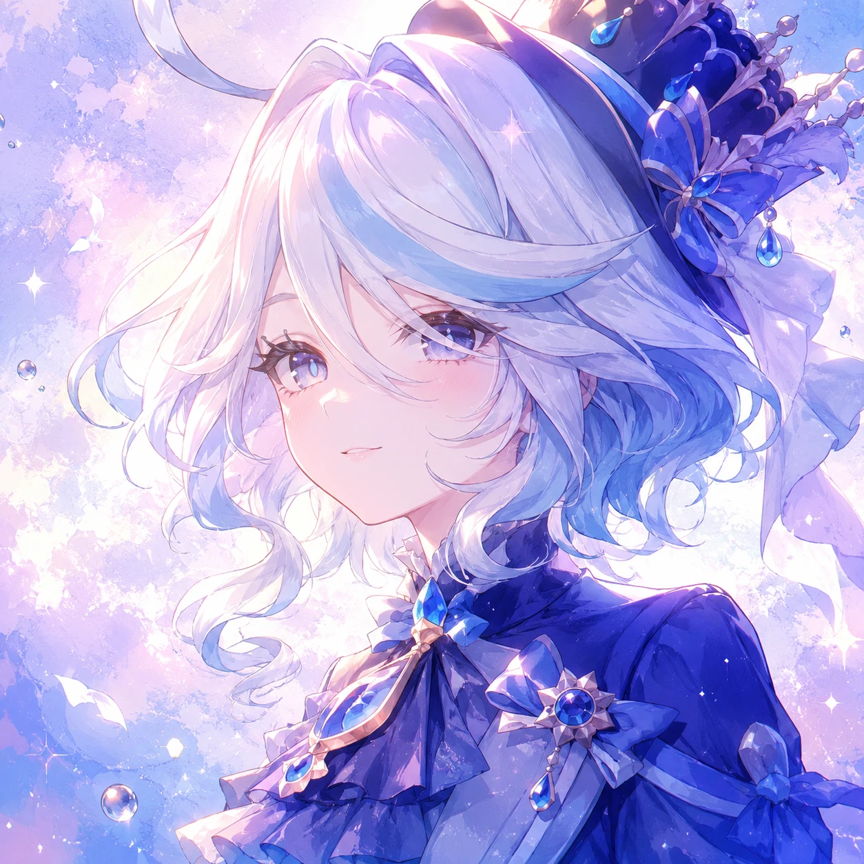 Furina fanart icon with a soft anime glow and pastel background wash