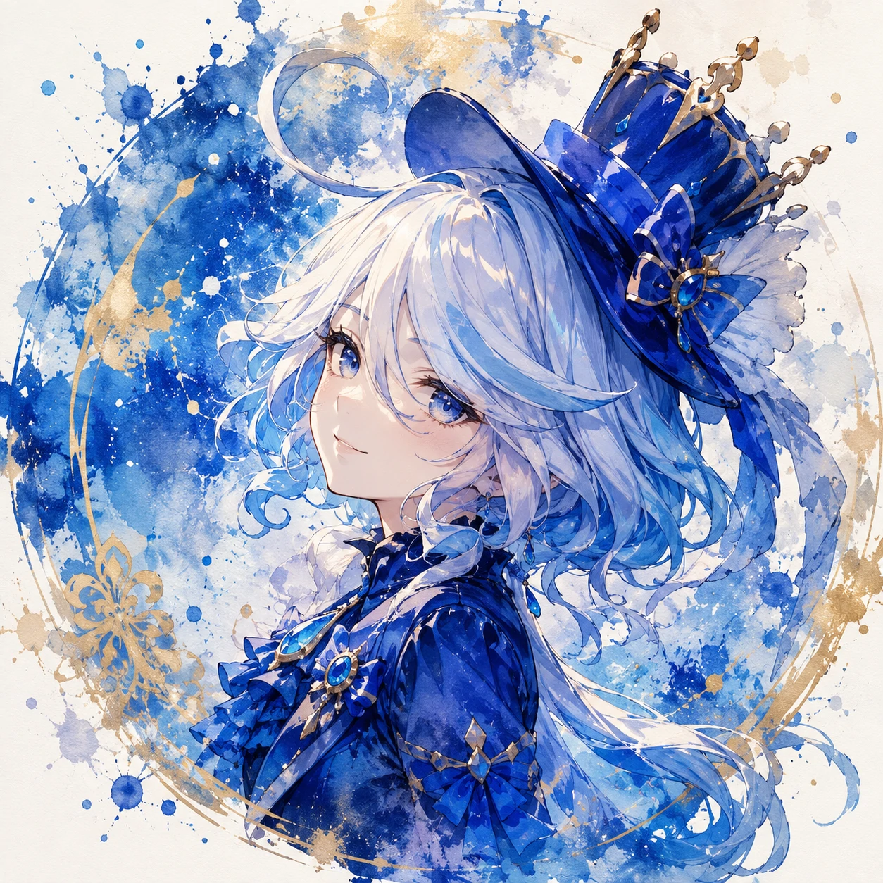 Furina fanart PFP with watercolor splash background in blue and gold