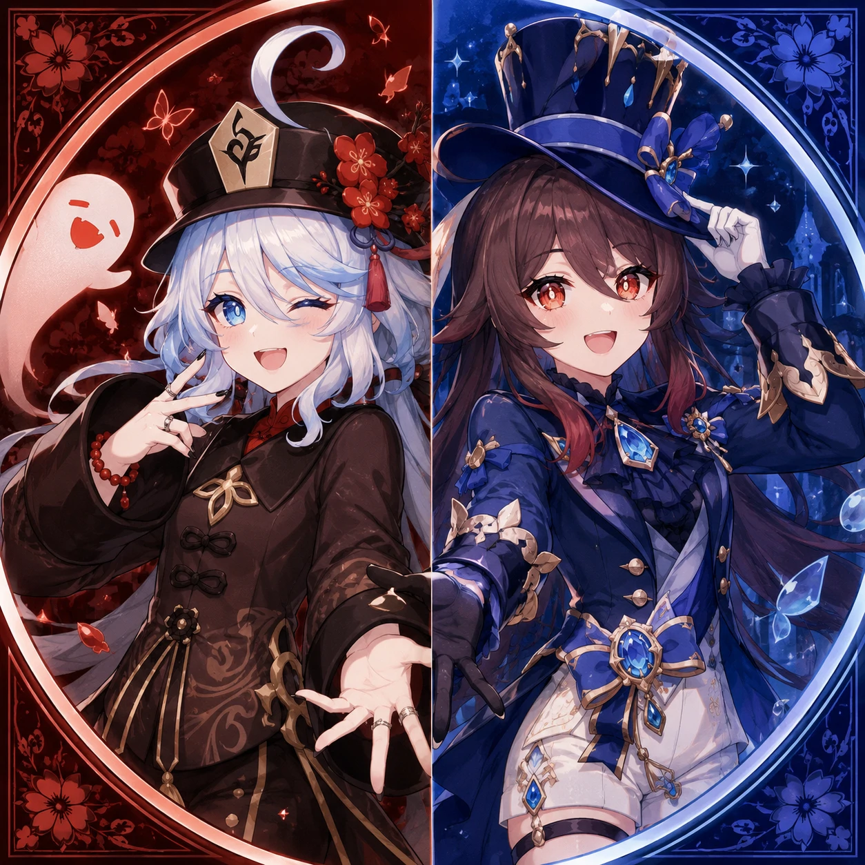 Matching Furina and Hu Tao PFP featuring their signature outfit swap