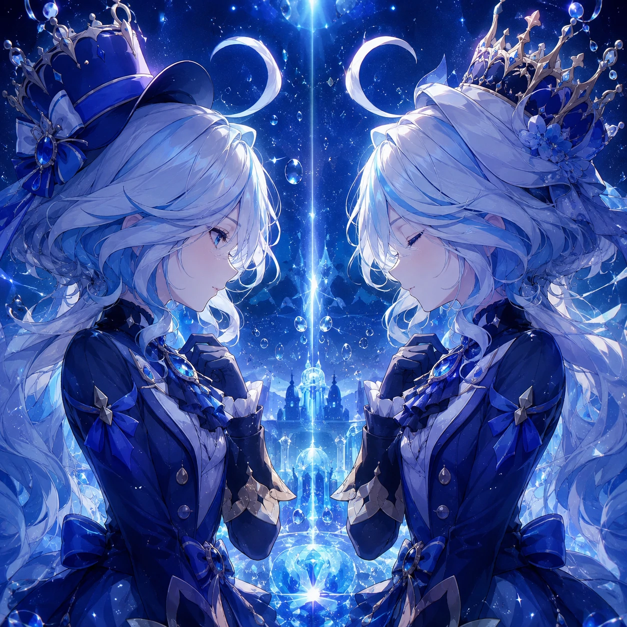 Matching Furina and Focalors PFP with mirrored poses and shared lighting