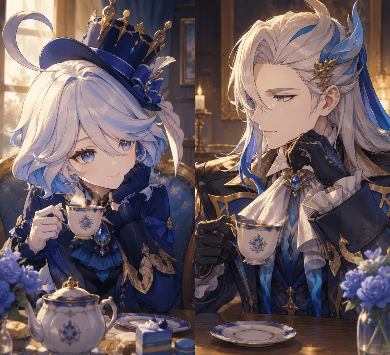 Matching Furina and Neuvillette icons sharing a quiet teatime scene