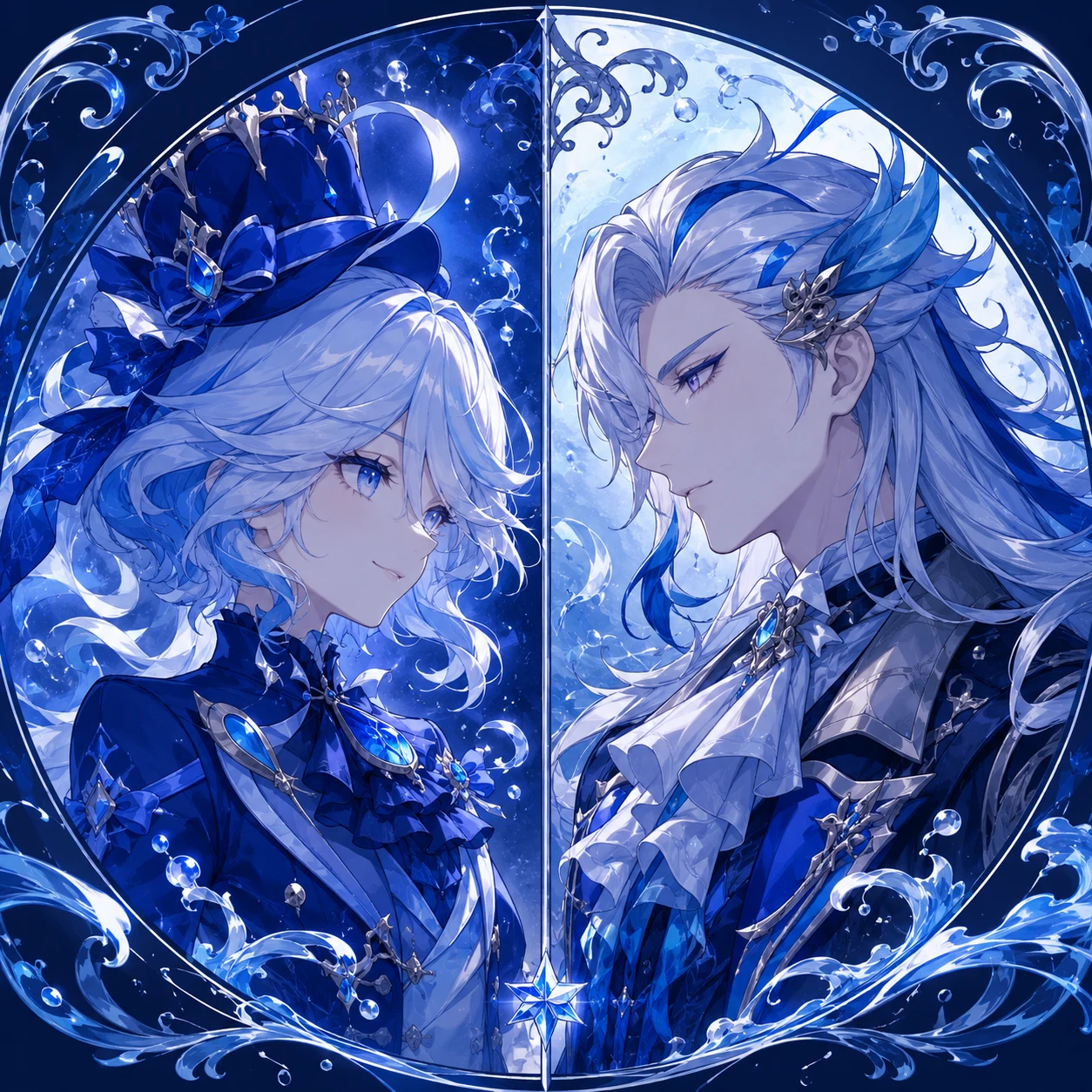 Matching Furina and Neuvillette PFP with shared cool blue palette