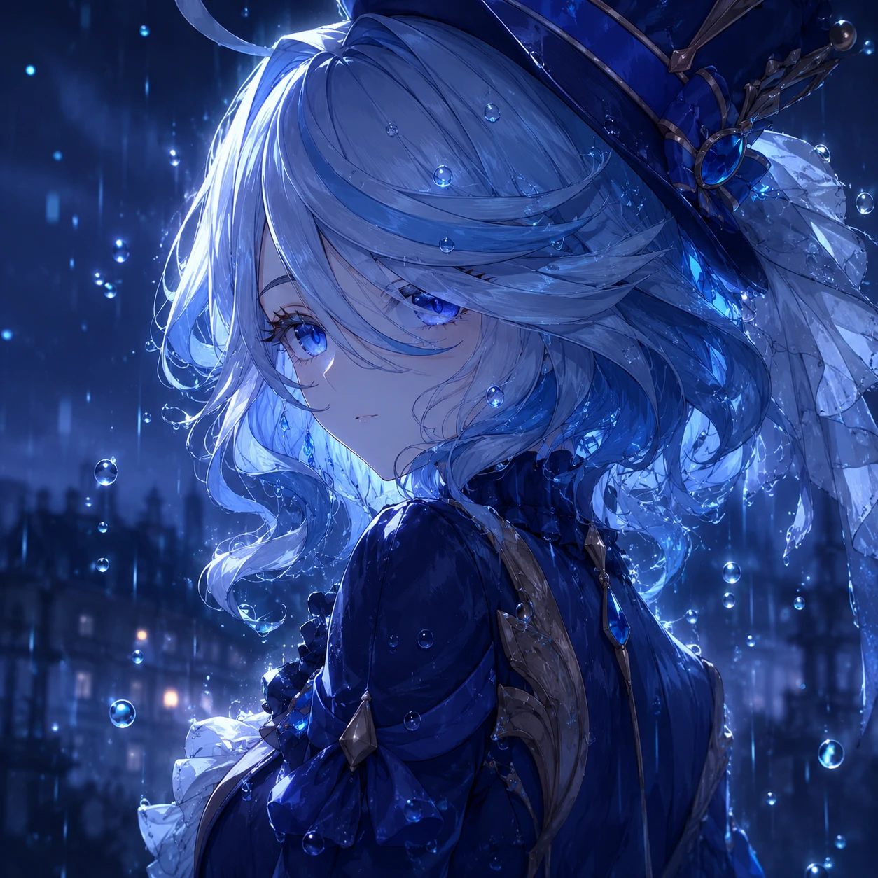 4K cinematic Furina PFP with light rain and glowing water droplets