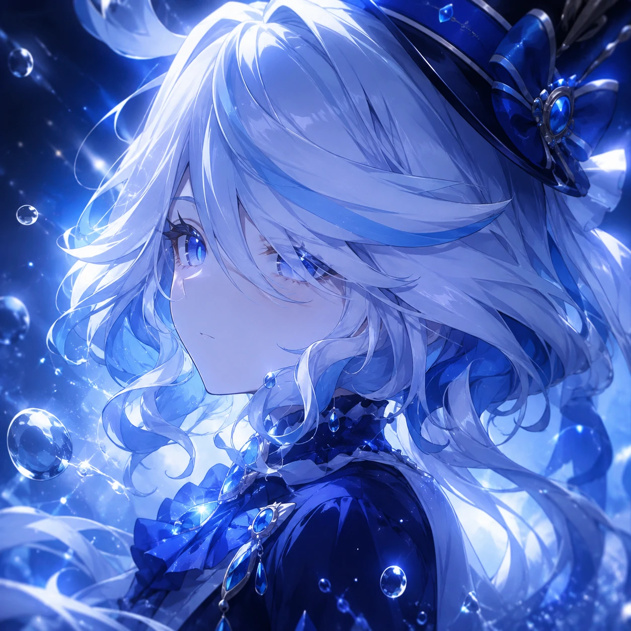 Aesthetic Furina PFP with silver-blue glow and soft cinematic lighting