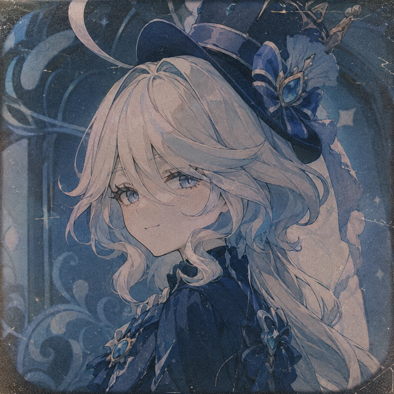 Aesthetic Furina PFP with vintage film grain and muted blue tones