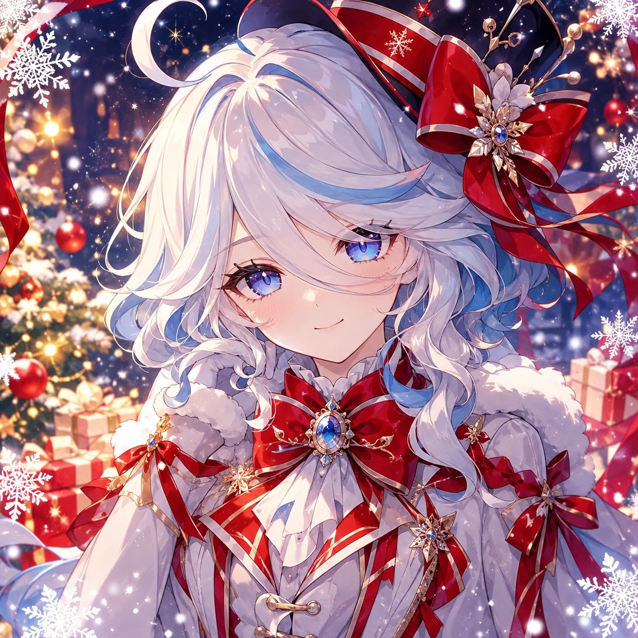 Christmas Furina profile picture wearing a red ribbon holiday outfit variant