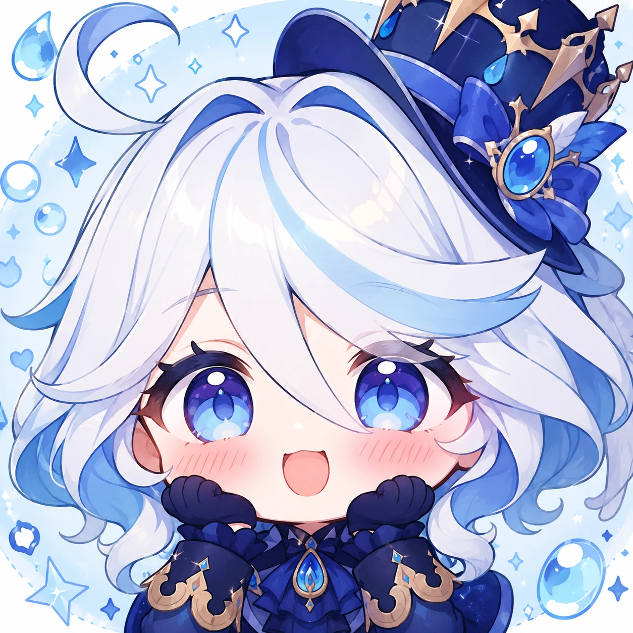 Cute chibi-style Furina profile picture with blushing cheeks and blue hat
