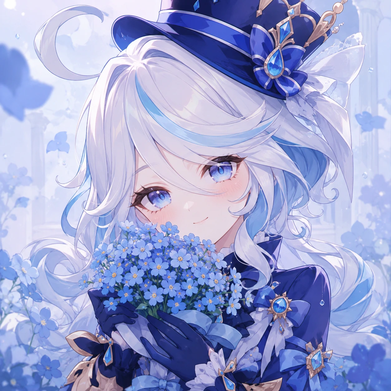 Cute Furina holding tiny blue flowers as a soft profile picture