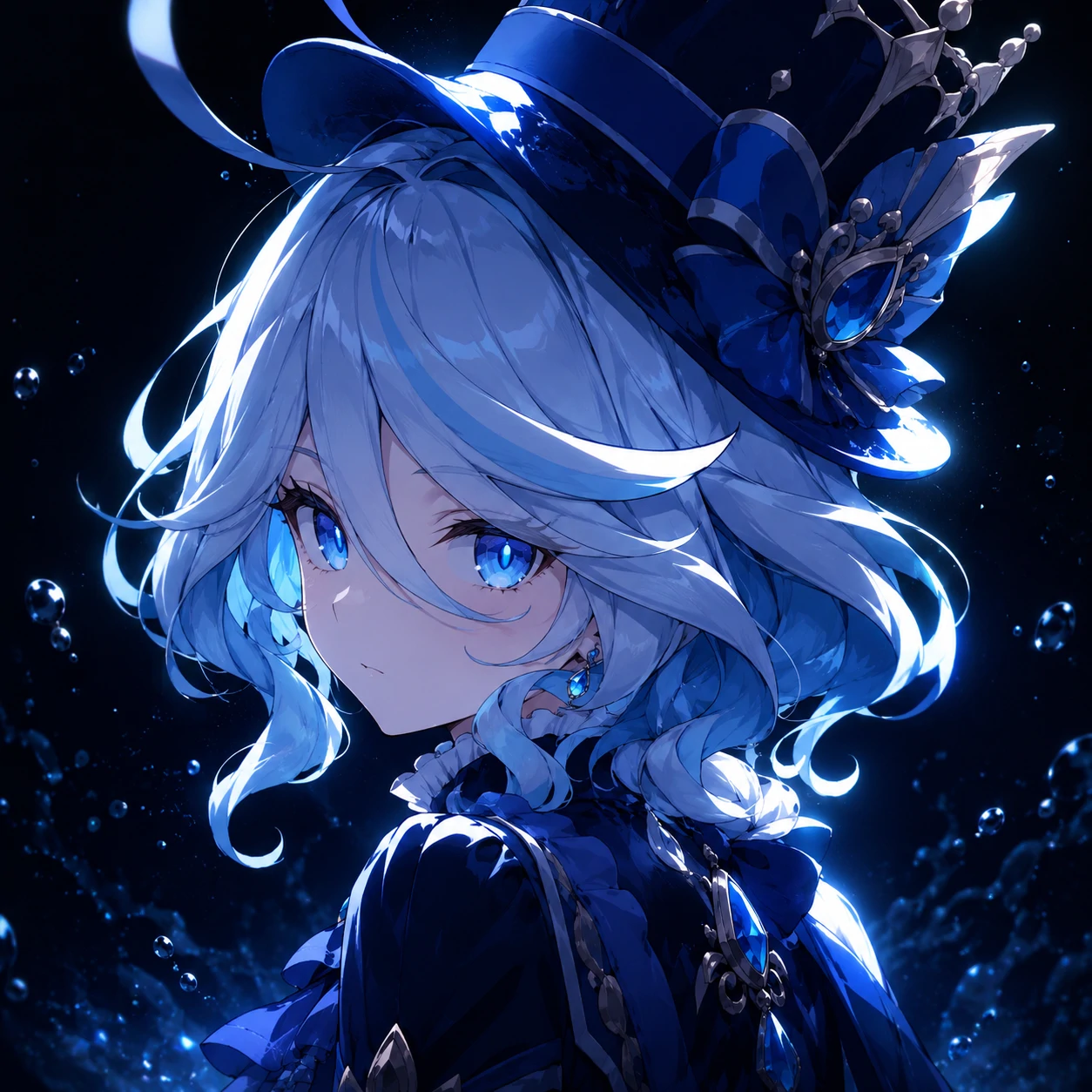 Furina Discord profile picture with a dark background and bright hat highlight