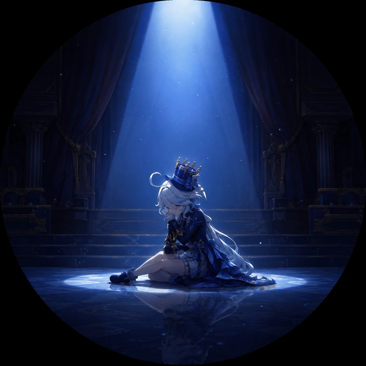 Sad Furina PFP alone on an empty Fontaine stage under a single spotlight
