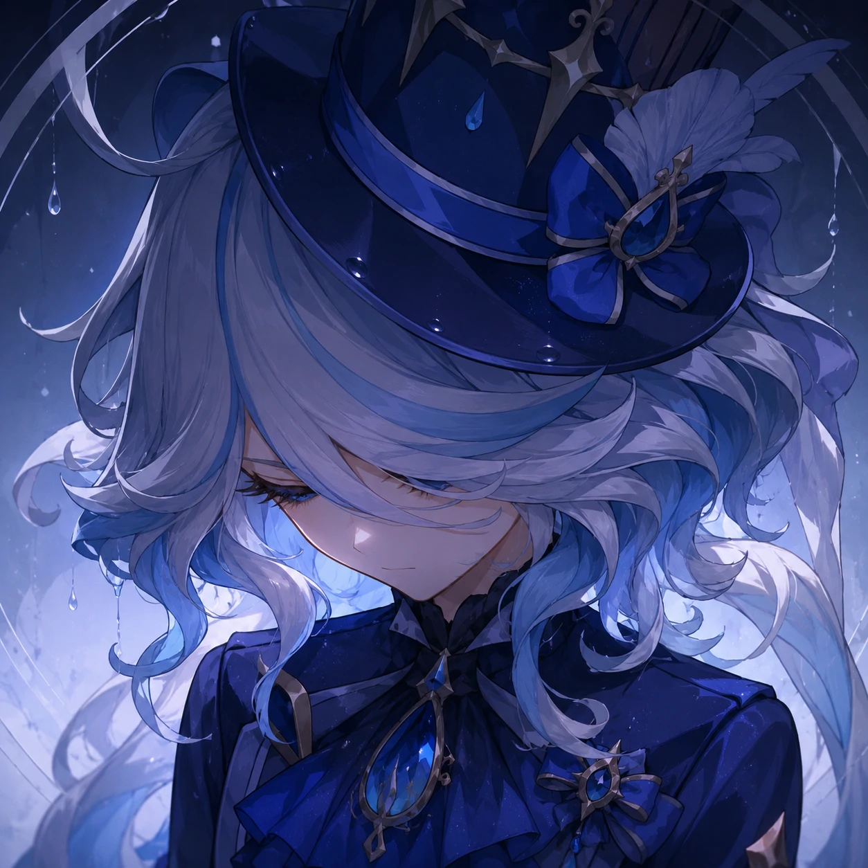 Sad Furina profile picture with lowered gaze and shaded top hat
