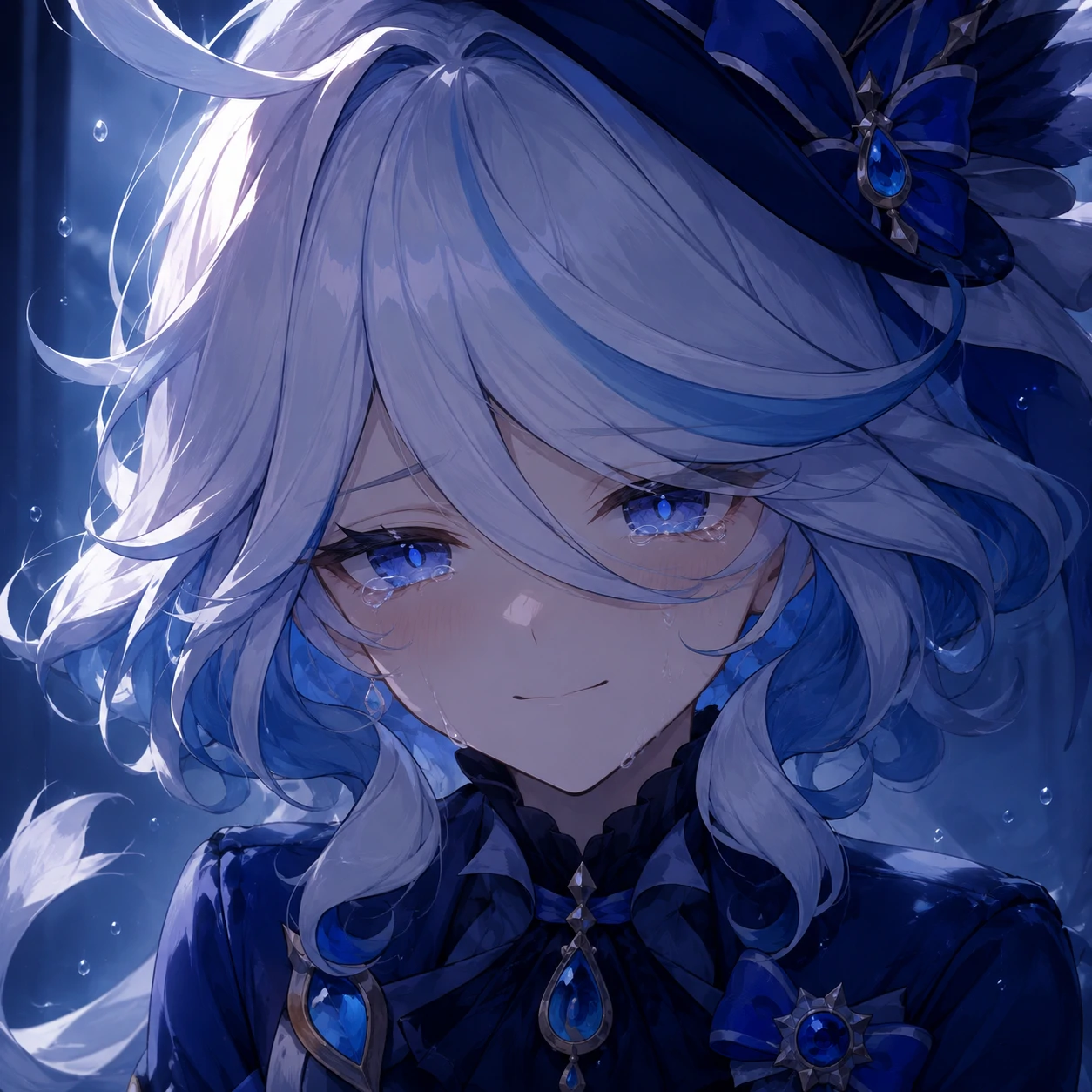 Sad Furina icon with a small forced smile and unshed tears in her eyes