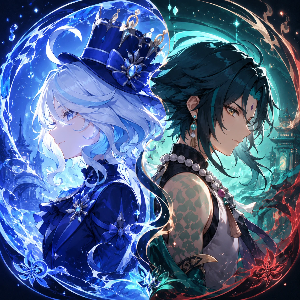 Matching Furina and Xiao PFP balancing cool blue and warm teal tones