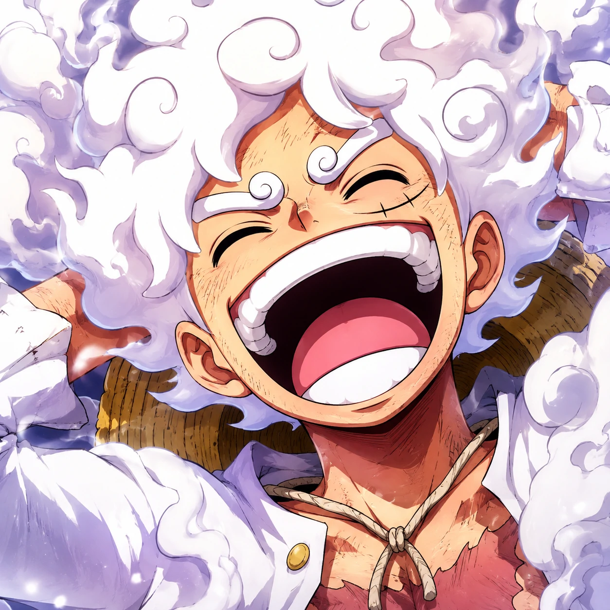Gear 5 Luffy laughing PFP with joyful cartoon expression