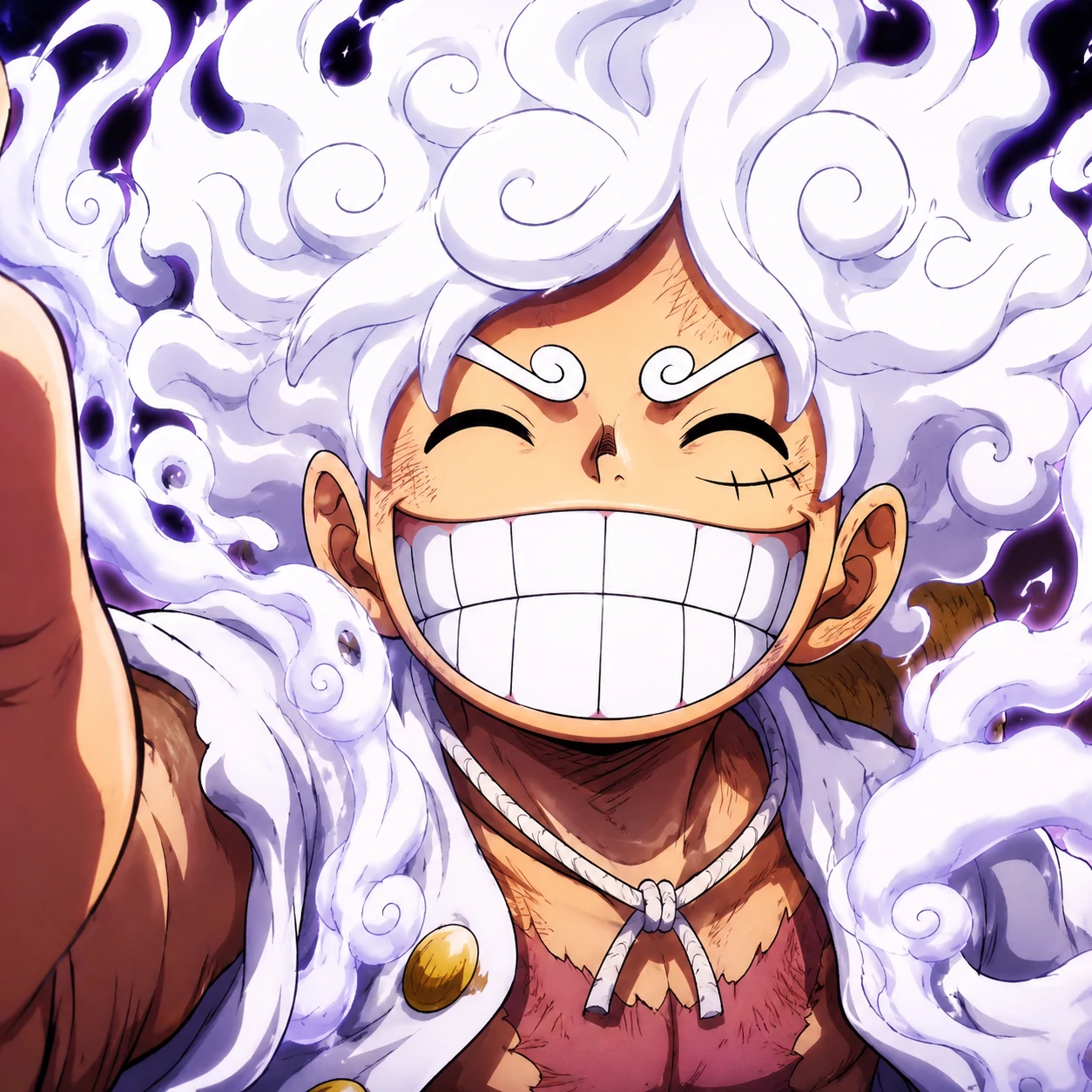 Gear 5 Luffy PFP showing his giant cartoon grin and white hair