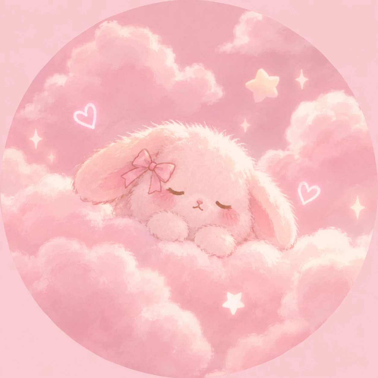 Gentle pink pfp with a tiny bunny floating in pale clouds