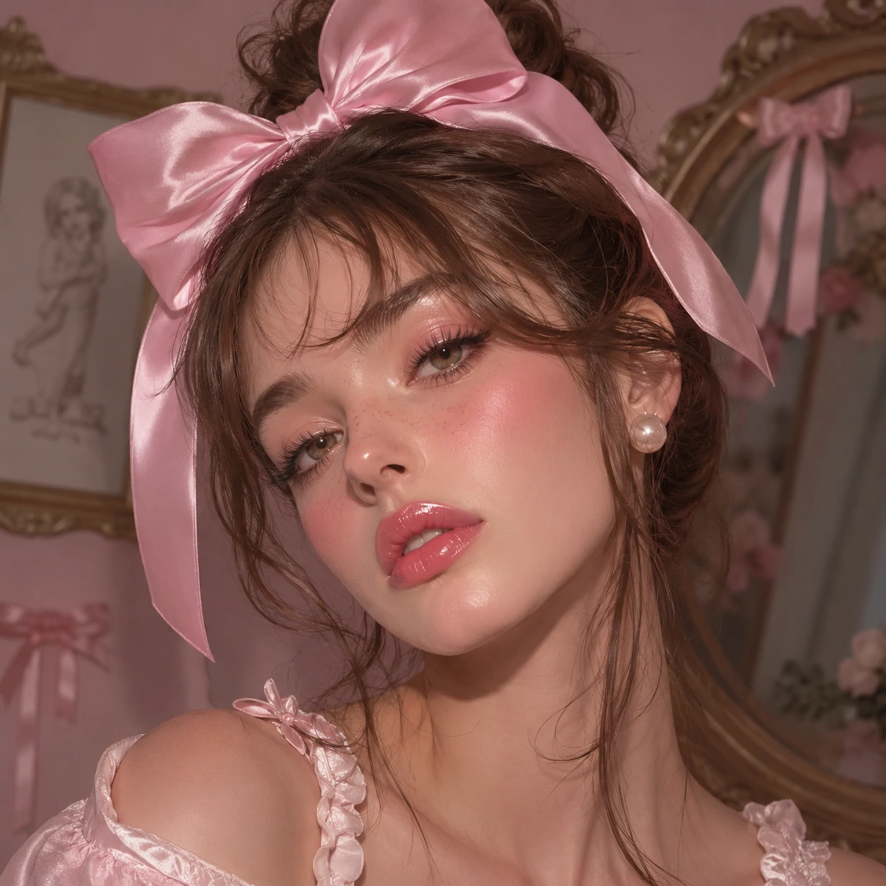 Coquette girl PFP with a satin bow and glossy pink lip finish.