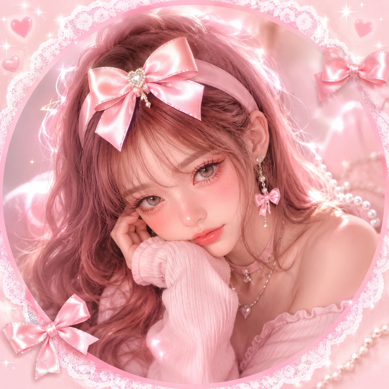 Girly coquette PFP in a bubblegum palette with bow hairband styling.