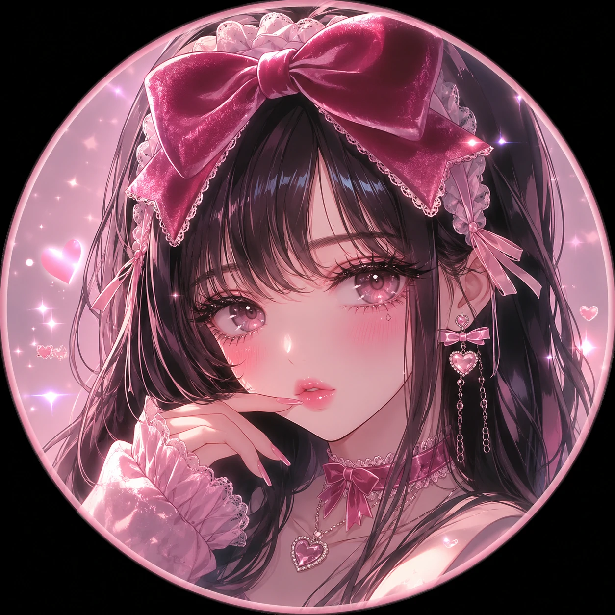 Glossy anime coquette PFP with shiny lip finish and velvet bow.