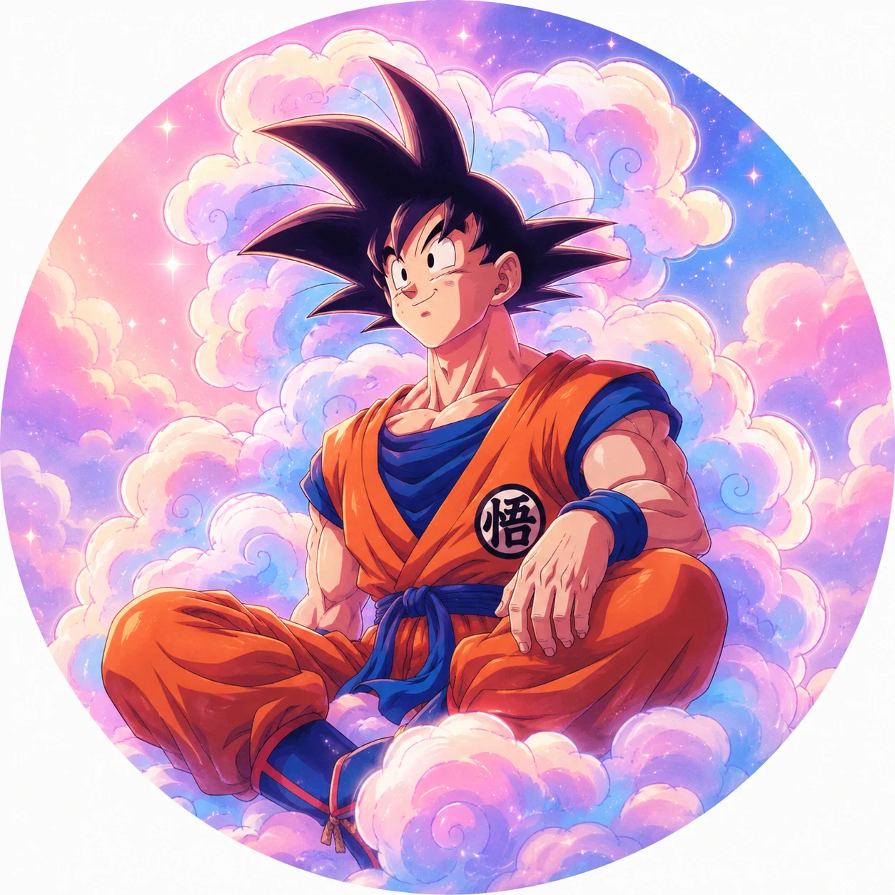 Anime Goku in orange gi with soft cloud-style aura and pastel gradient.