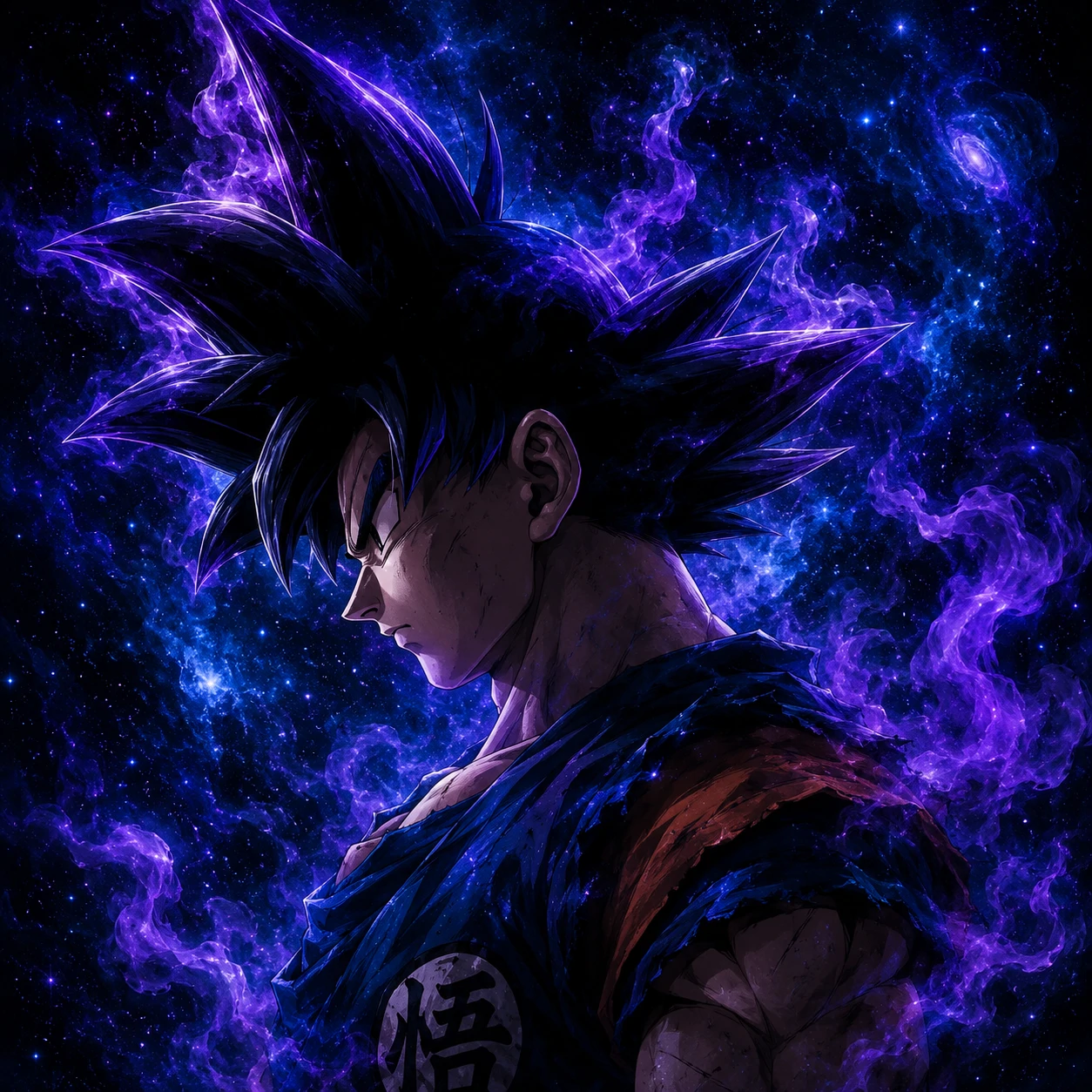 Anime Goku avatar with smoky galaxy background and calm profile view.