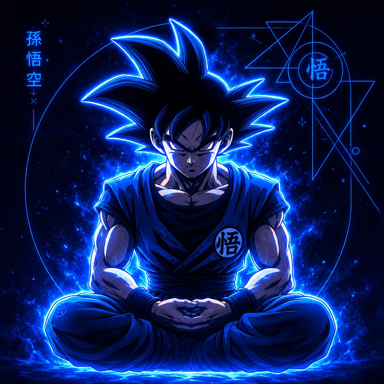 Anime Goku avatar with neon blue glow and faint geometric backdrop.
