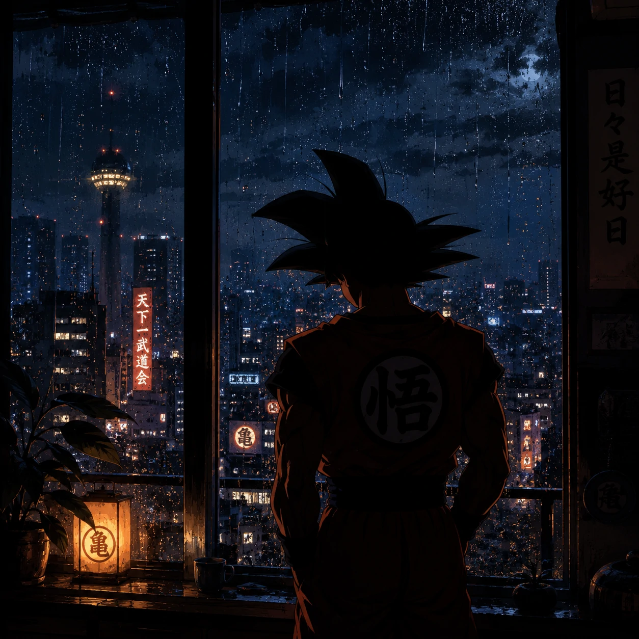 Anime Goku silhouette standing by a rain-streaked window at night.