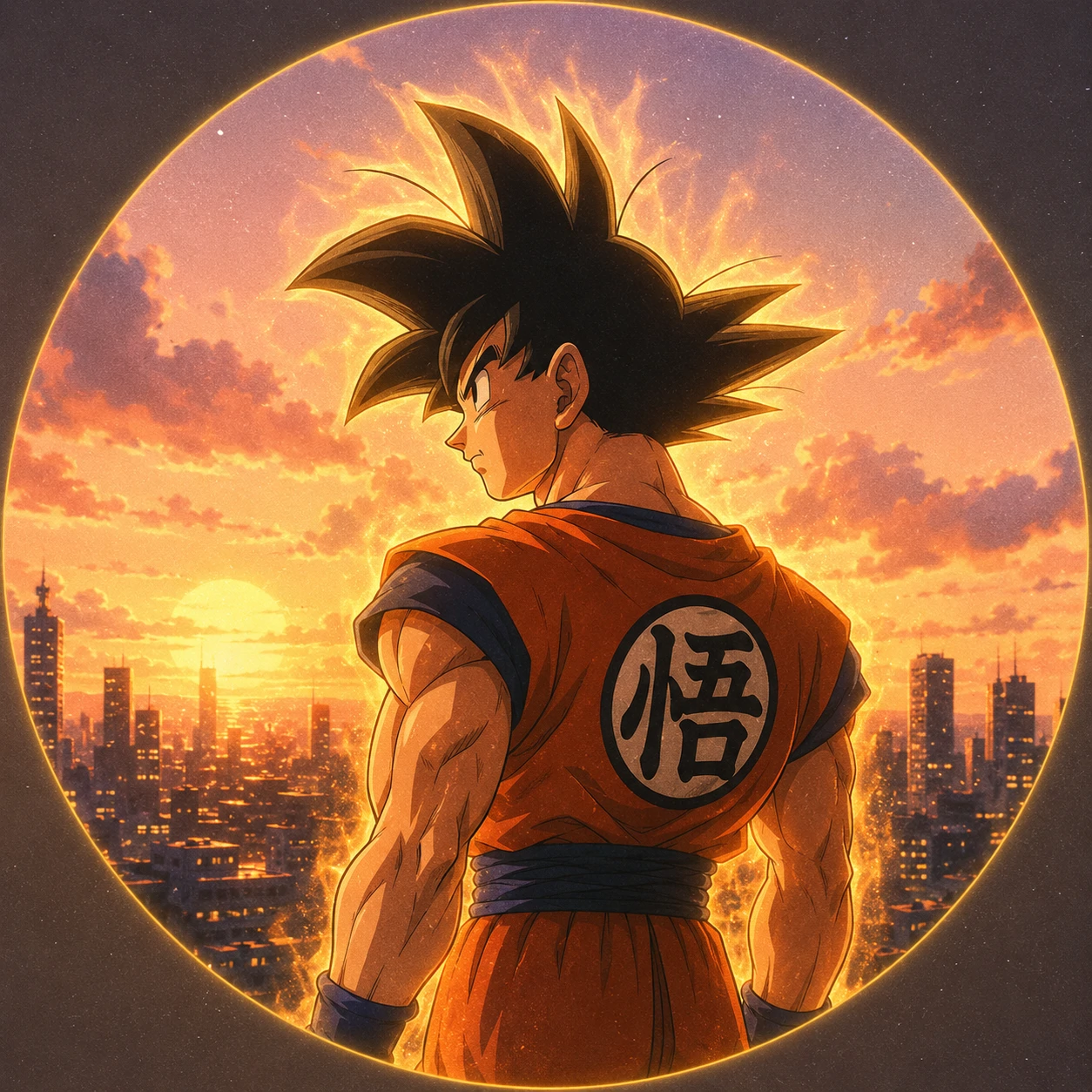 Anime Goku profile picture with soft golden aura and city sunset backdrop.