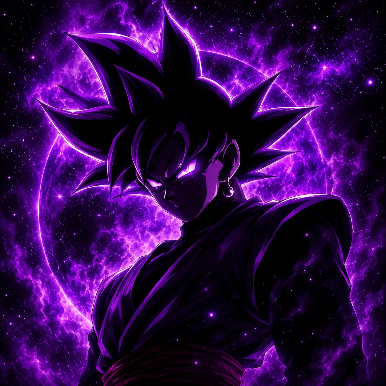 Goku Black avatar with cosmic purple background and faint stars.