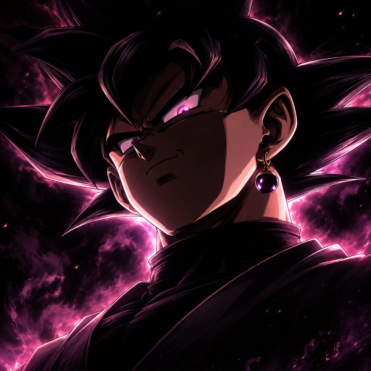 Anime Goku Black dramatic portrait profile picture with dark backlighting.