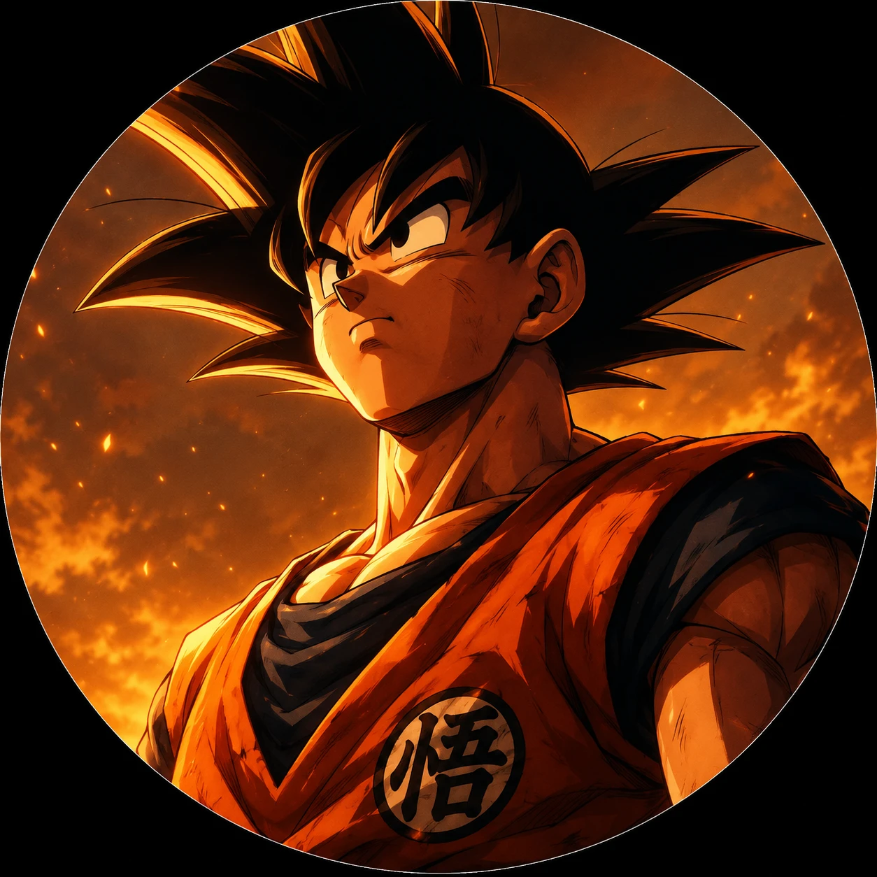 Anime Goku profile picture in orange gi with cinematic warm lighting.