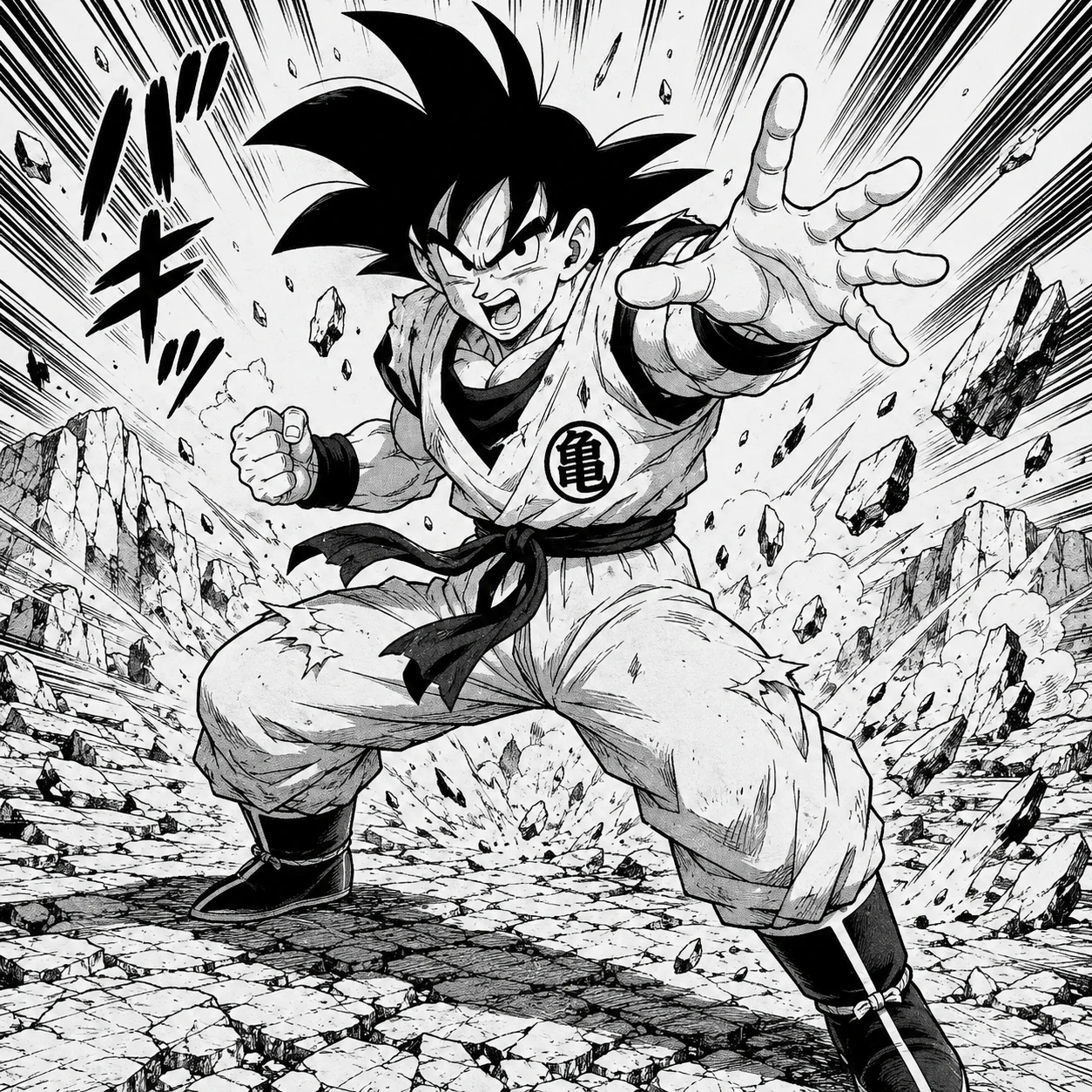 Dynamic manga panel Goku avatar in mid-action stance.